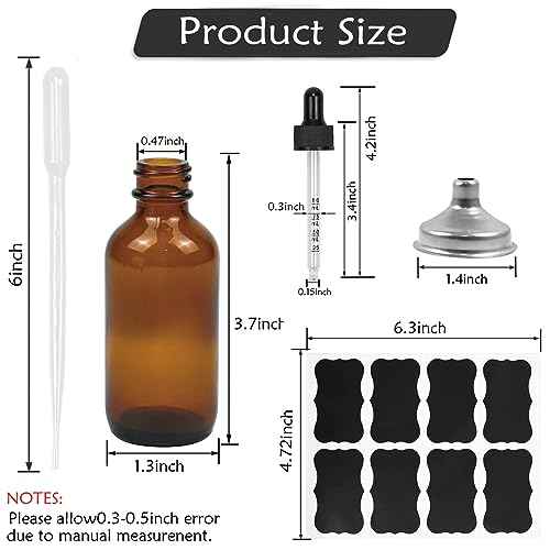 6 Pack 2oz Tincture Bottles With Dropper Amber Glass Dropper Bottle with Measured Eye Dropper Funnels,Labels,60ml Empty Bottle Brown for Homemade Vanilla Essential Oil,Tincture,Serum,Liquids