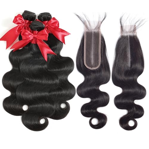 12A Human Hair Bundles with 2x6 Closure 16 18 20 with 14 Inch Brazilian Body Wave 3 Bundles Human Hair with 2x6 HD Lace Closure 100% Unprocessed Virgin Human Hair Weave