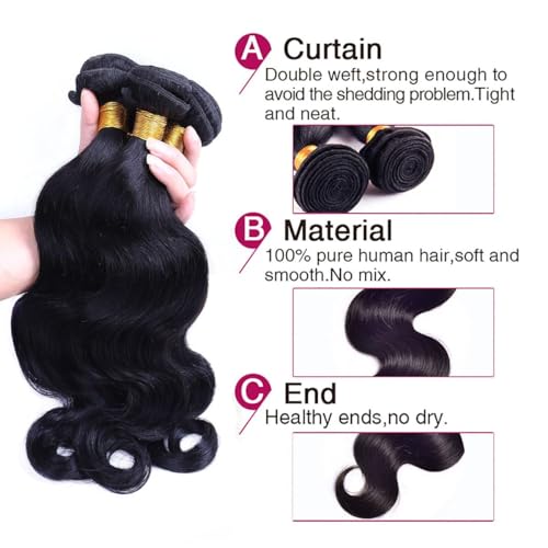 Body Wave Bundles Human Hair Long Brazilian Virgin Body Wave Natural Black Color Can Be Dyed and Styled 3 Weave Bundles Total 300g 20 22 24 Inch