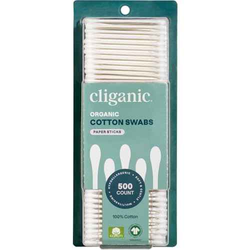 Cliganic Organic Cotton Swabs, 500 Count - 100% Pure Natural Cotton, Chlorine-Free Hypoallergenic, Soft, Gentle & Absorbent Buds