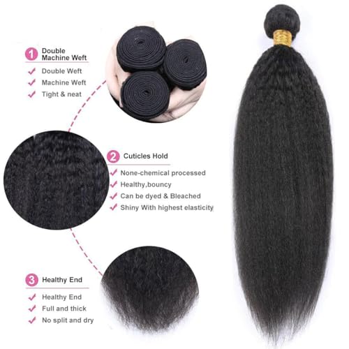 Hair Bundles 12A Yaki Kinky Straight Human Hair 3 Bundles 100% Unprocessed Mongolian Virgin Human Hair Kinky Straight Bundles Yaki Hair Natural Color (18 20 22)