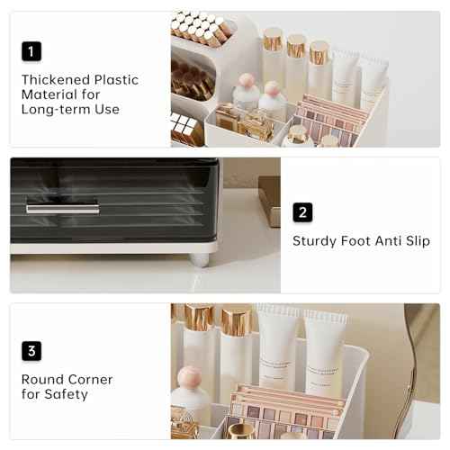 Makeup Organizer for Vanity with Brush Holder, Countertop Organizer with 2 Drawers, Spacious Cosmetic Display Case for Beauty Essential, Skincare, Lipstick