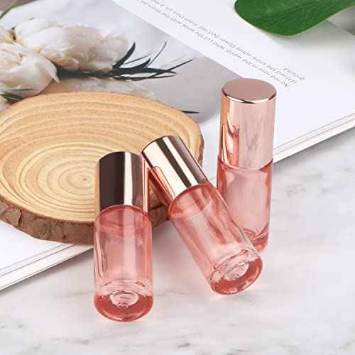 Wresty 1/6 Oz Pink Glass Roller Bottles, 6 Pack 5ml Roll On Bottles With Rose Gold Lids For Essential Oils, Perfume, Cosmetic Liquid