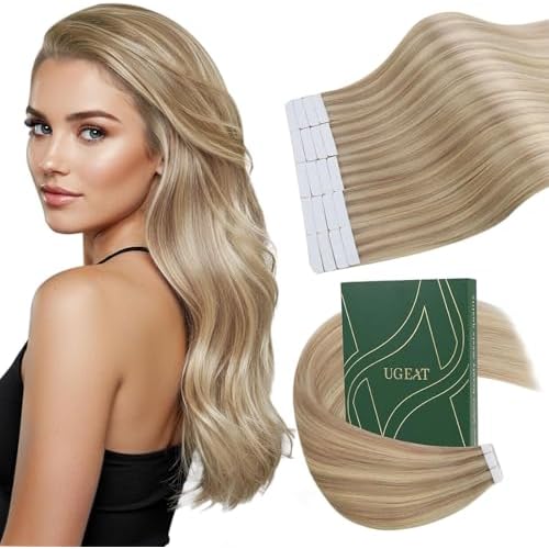 Ugeat Ash Blonde Tape in Hair Extensions Human Hair Tape in Hair Extensions Dark Ash Blonde with Golden Blonde Straight Long Lightweight No Damage to Natural Hair for Wedding 22Inch 20Pcs 50G