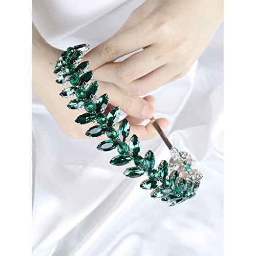 Green Rhinestone Headband Wedding Hair Accessories for Brides Tiaras for Women and Girls Goddess Costume Hair Decoration Party Prom Bridesmaid Gifts