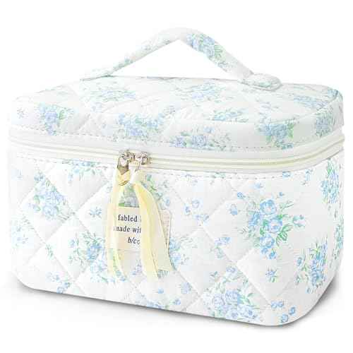 Large Travel Quilted Makeup Bag for Women, Floral Cotton Cosmetic Bag Cute Coquette Aesthetic Floral Toiletry Organizer Bag for Girls Little Blue Rose Cosmetic Zipper Storage Bag