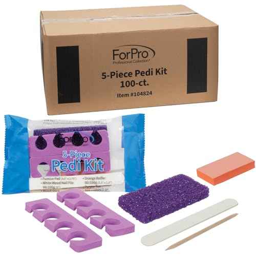 ForPro 5-Piece Pedi Kit, 100-Count, Individually-Packed Pedicure Set, Purple Pumice Pad, Wood Nail File 80/100 Grit, Mini Buffer 80/100 Grit, Wood Stick, Toe Separators