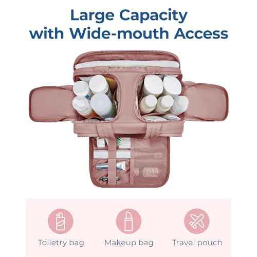 BAGSMART Travel Toiletry Bag, Lightweight Large Wide-open Travel Bag for Women, Puffy Cosmetic Makeup Bag Organizer with Handle for Accessories,Essentials, Toiletries, Dark Pink