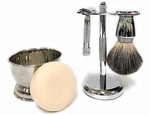 G.B.S Men’s Shave Set, Double Edge Safety Razor, Badger Hair Shaving Brush, Brush and Razor Stand, Chrome Shaving Bowl, Natural Shaving Soap and Blades