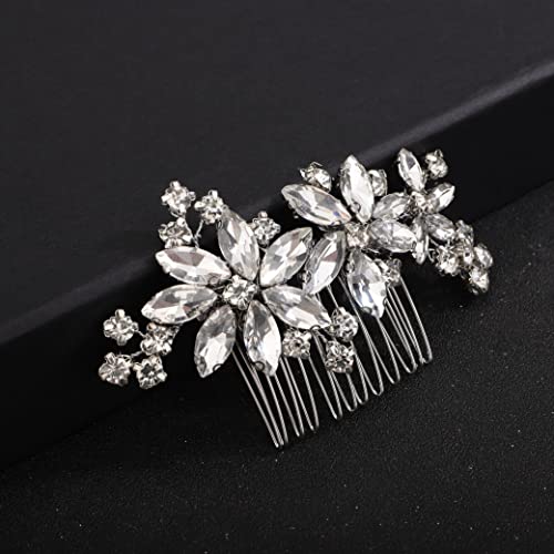 Hair Comb, Clear Flower Crystal Rhinestone Teardrop Hair Clip, Silver, 10*5CM, for Bride Bridesmaid Prom Hair Pieces, Women and Girls