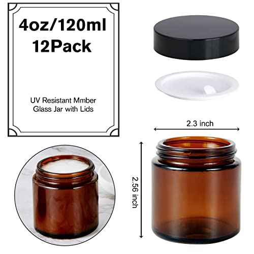 4oz Jars with Lids, Hoa Kinh 12 Pack Amber Glass Jars with Lids Empty Cosmetic Containers Round Airtight Glass Jar with Inner Liners and black Lid for Storing Lotions, Powders, and Ointments