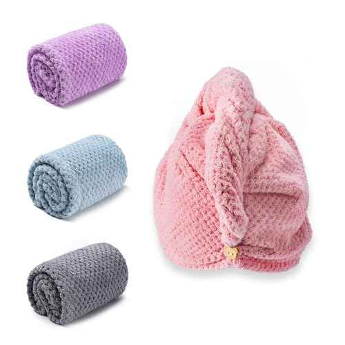 Hair Towel Wrap, 4 Packs 9.8 x 25.6 Inch Towel Turbans for Wet Hair, Dry Hair Towel, Headbands for Curly and Long Hair - Bathroom Must-Have for Ladies