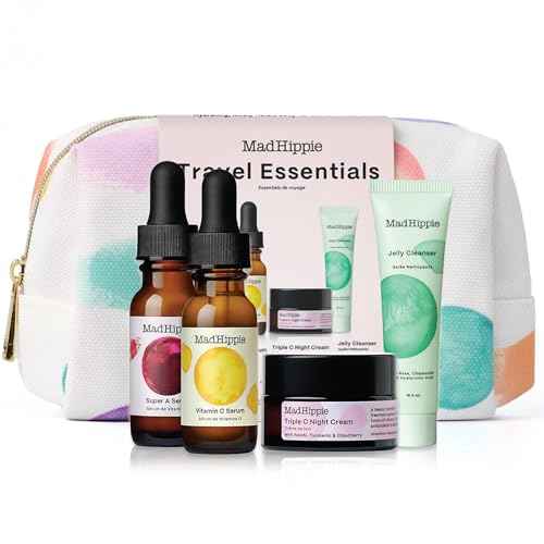 Mad Hippie Travel Essentials ??Vitamin C Serum, Triple C Night Cream, Super A Serum + Jelly Cleanser in a 100% Recycled Toiletries Bag, Cruelty-Free