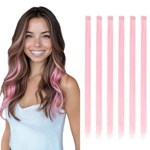 6 Pcs Colored Clip in Hair Extensions, 20 Inch Light Pink Hair Extensions Clip ins for Kids and Girls, Synthetic Straight Colored Hair Clip ins, Party Highlight Clip in Hairpieces for Women