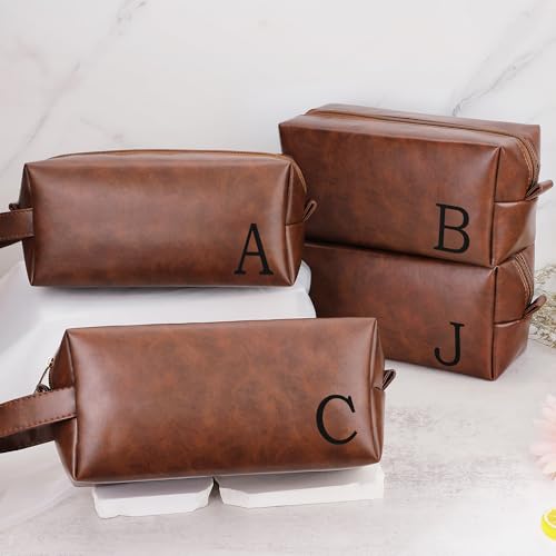 Mens Toiletry Travel Bag Initial J, Personalized Leather Toiletry Bag for Men, Anniversary Christmas Valentines Fathers Day Birthday Gifts for Husband Dad Grandpa Brother