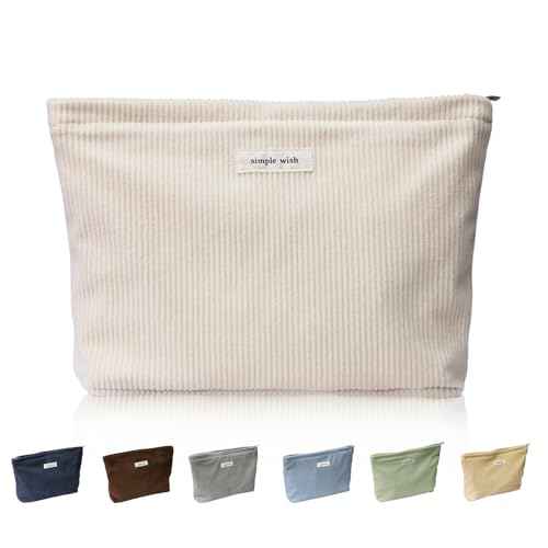 Wudygirl Travel Makeup Bag,Large Capacity Cosmetic Bag for Women,Corduroy Toiletry bag Handbags Purses Zipper pouch(Beige)