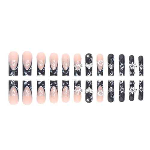 Fake Nails Black Long Press on Coffin Nails Heart Crystal Full Cover Acrylic French Shiny Fake Nails for Women and Girls 24PCS