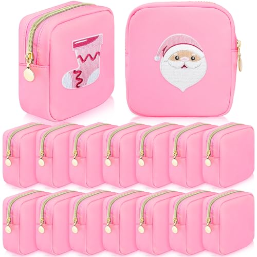 Giesiery Bulk 16 Pcs Preppy Makeup Bags Pink Nylon DIY Craft Zipper Pouch for Bridal/Proposal Gifts, Travel Toiletry Organizer