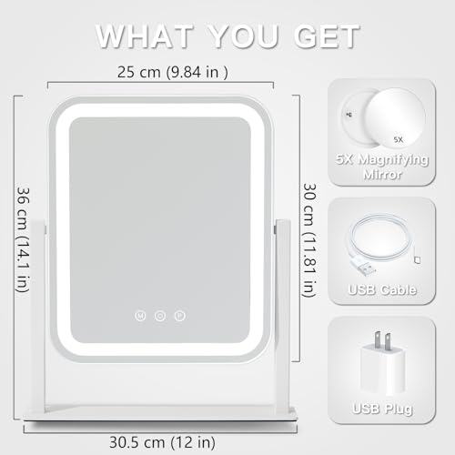 HIEEY Vanity Mirror with Lights, Makeup Mirror with Lights, Three Color Lighting Modes, and 5X Magnification Mirror, Smart Touch Control, 360¡ÆRotation (14.1" x 12" White,Gift Box)