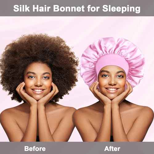 2Pcs Satin Silk Hair Bonnet for Sleeping Women,Large Bonnets with Elastic Wide Tie Band Silk Sleep Cap,Hair Wrap Night Cap with Adjustable Straps for Black Women Curly Hairs Jumbo Bonnet Braid - Pink