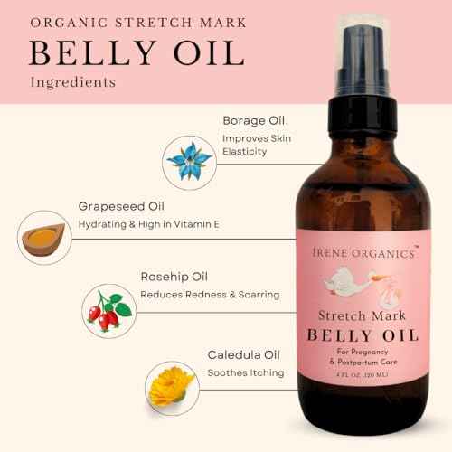 Irene Organics Organic Belly Oil for Pregnancy Stretch Mark Prevention and Treatment Award Winning Anti Stretch Mark Tummy Oil For Pregnancy and Postpartum - Hydrating Bump Serum