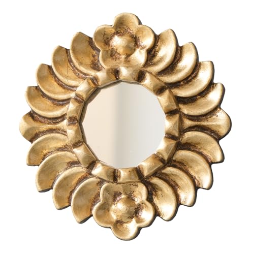 Handmade Small Gold Round Mirror 6in | Peruvian Hand-Carved Wood Hanging Mirror with Gold Leaf Finish for Wall Decor (Gold)