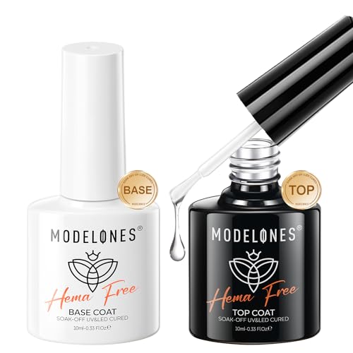 modelones No Wipe Gel Top Coat and Base Coat Set, 2 Pcs Clear Glossy Hema Free Base Top Coat Gel Nail Polish Long Lasting for Fall Nail Polish, Acrylic Nails Soak Off Nail Lamp Nail Art Home Salon