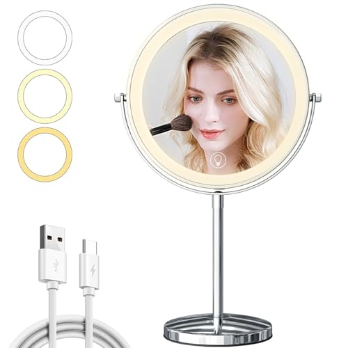 9in Makeup Mirror with Lights, 3x/20x 5000mAh Rechargeable Lighted Makeup Mirror with Magnification, 360¡Æ Rotate Magnifying Mirror,3 Color,Dimmable up,3800lux,80 LEDs,No Height Adjustment,Silvery