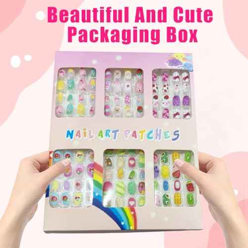 Press on Nails for Kids 144Pcs, 6 Pack Kid Press on Nail for Girls Colorful Patterns Kids Fake Nails Pre-glue Full Cover Acrylic Nail Art Christmas Easter Gifts for Girls