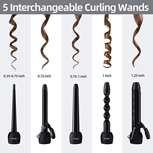 5 in 1 Curling Wand Set: Ohuhu Curling Iron Wand LCD Temperature Display 5Pcs 0.35 to 1.25 Inch Interchangeable Ceramic Barrel Heat Protective Glove for Girls Women Mother Gift Black