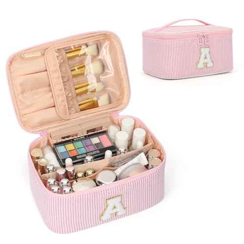 OCHEAL Makeup Bag for Women, Monogram Cosmetic Bag with Brush Holder, Pink Travel Makeup Case Beauty Toiletry Bag Organizer Personalized Gifts for Girls Bridesmaid, Sister, Wife, Friends Initial A