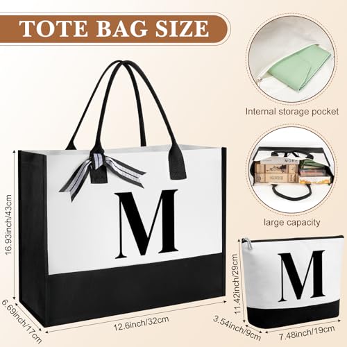 Aliceset Initial Gifts for Women Monogram Canvas Tote Bag and Makeup with Zipper and Initial Glass Coffee Cup Gifts for Her