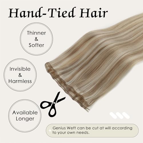 ABH AMAZINGBEAUTY HAIR Genius Weft Hair Extensions Human Hair Sew in Hair Extensions Real Human Hair Weft Extensions Hand Tied Virgin Hair 50G, #P8/60 Ash Brown Highlighted Platinum Blonde 20 Inch