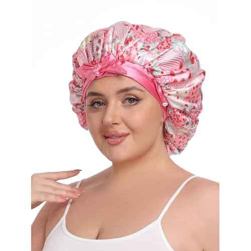 Double Layer Satin Hair Bonnet with Eye Mask Silk Sleep Cap with Tie Head Wrap for Curly Natural Hair Pink Strawberry