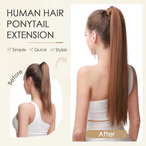 Benehair Ponytail Extension Wrap Around Ponytail Hair Extension with Magic Paste Human Hair Natural Long Straight One piece Hairpieces for Women 22inch Adding Volume Golden Brown&Bleach Blonde #12P613