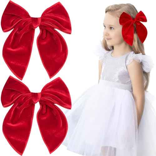 2 Pack Fable Girls Velvet Hair Bows 5 Inch Large Velvet Bow Handmade Hair Accessories for Toddler Kids Teen Girls (Red)