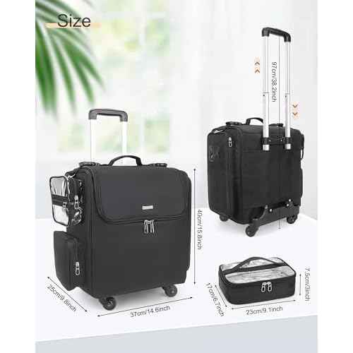 Relavel Rolling Makeup Train Case, Hairstylist Traveling Bag with 4 Wheels, Heat Insulation Full Layer, Adjustable Dividers, Hair Tools and Cosmetics Storage Organizer Trolley Suitcase Makeup Cart
