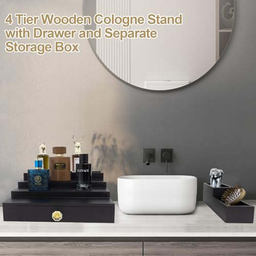 4 Tier Wood Cologne Organizer Stand for Men Wooden Black Perfume Shelf Fragrance Display Risers with Drawer Hidden Compartment Cologne Holder Wood Dresser
