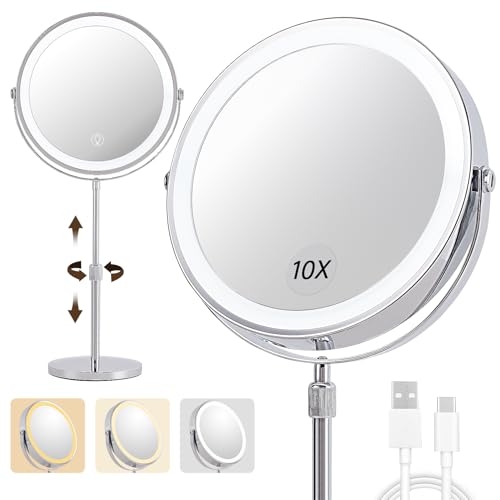 1X/10X Magnifying Makeup Mirror with Lights - 9" Large Dual-Sided Vanity Mirror with 3 Color Lights for Women's Travel Cosmetic Mirror | 3000 mAh-USB Rechargeable | 360¡Æ Rotation | Adjustable Height