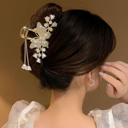 Metal Hair Claw Clips Butterfly Flower Hair Clip 1Pc Large Hair Jaw Claw with Tassel Pearl Design Gold Strong Hold Jaw Clips Rhinestones Butterfly Floral Non-Slip Hair Accessories for Women