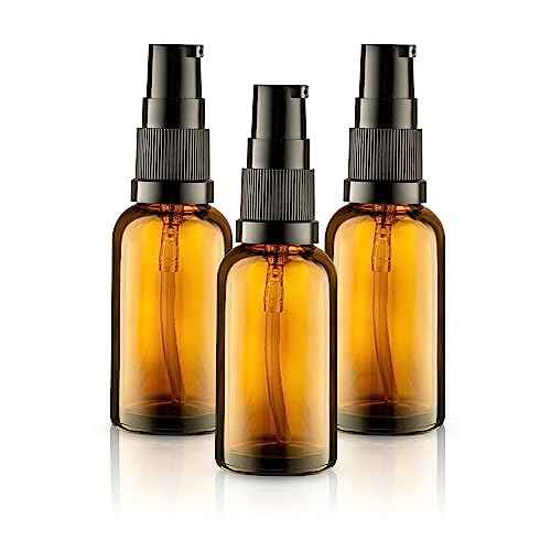 3 Pack Empty Refillable Glass Amber Pump Bottle Ideal for Lotion Cream Essential Oil Travel Small Container, 30ml