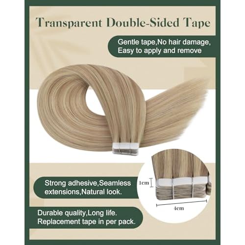 Ugeat Ash Blonde Tape in Hair Extensions Human Hair Tape in Hair Extensions Dark Ash Blonde with Golden Blonde Straight Long Lightweight No Damage to Natural Hair for Wedding 22Inch 20Pcs 50G