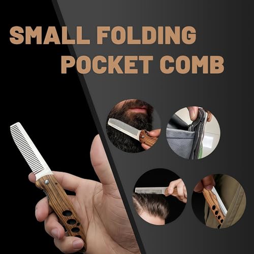 1PC Small Folding Pocket Beard & Mustache & Hair Styling Comb for Men - Metal Tactical Grooming Tool with Wooden Handle, with 180¡Æ Rotatable for Outdoor Travel & Home Use - Length 6.57inch