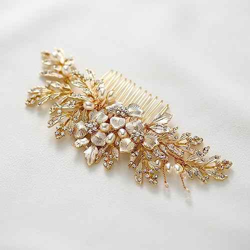 SWEETV Handmade Wedding Hair Comb Clip Rhinestone Bridal Hair Comb Piece, Gold Hair Accessories for Brides Wedding