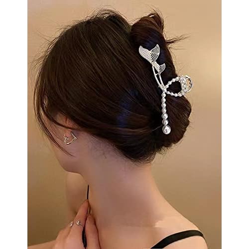 Large Pearl Rhinestone Metal Hair Claw Clips for Thick Hair - Nonslip, Strong Hold, Gold (6 Pcs)