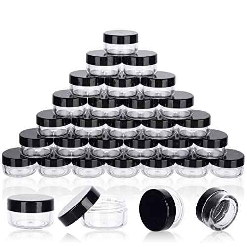 5 Gram Sample Containers with Lids, 50 Count 5ML Sample Jars, Empty Cosmetic Containers with Lids, Small Makeup Travel Containers for Glitter, Lotion, Cream, Beads, with Labels, Mini Spatulas