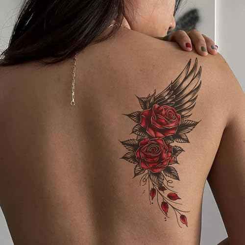 8 Sheets Waterproof Body Art Arm leg Temporary Tattoo Sticker Black Red Rose Flower Wing Gun Butterfly Suit for Men and Women