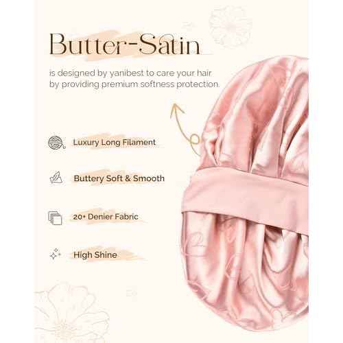 YANIBEST Adjustable Satin Bonnet for Sleeping, Double Layer Silk Bonnet with Tie Band for Women, Sleep Cap Curly Natural Hair, Pink