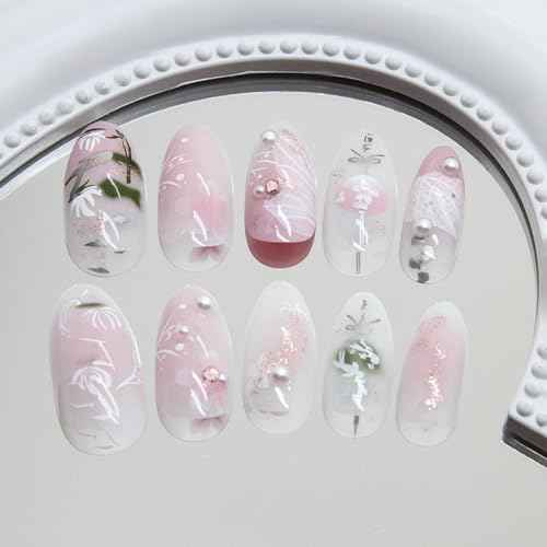 24Pcs Floral Almond Press on Nails Short Light Pink Fake Nails Cute French Nails Press ons Flower Full Cover Stick on Nails Almond Shape False Nails Tip Pearl Nails for Women Daily Wear Manicure Kit