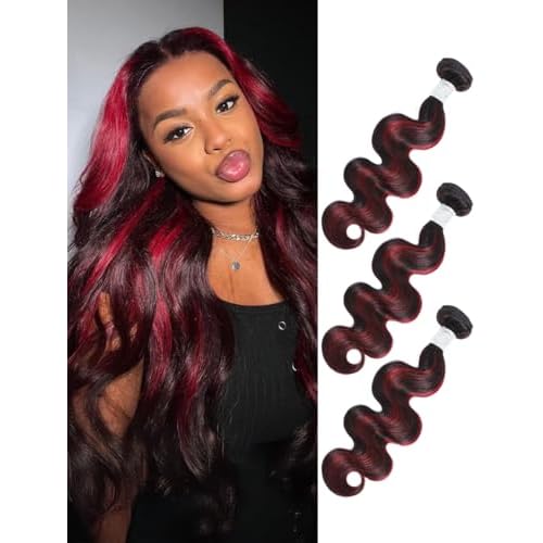 99J Burgundy Highlight Body Wave 3 Bundles Human Hair, 12A 100% Virgin Burgundy and Black Colored Human Hair Bundles Thick Track Ombre Red 99J Brazilian Quick Wavy Weaves Sew In Remy 10 12 14 In